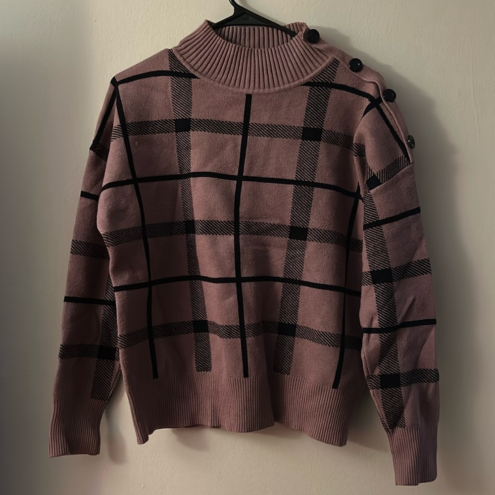 Tahari Large Purple and Black Plaid Mock Neck Sweater- medium to heavy weight
